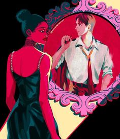 an illustration of a man and woman in front of a mirror with the reflection of each other