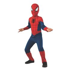 a boy in a spiderman costume is standing with his arms out and hands out