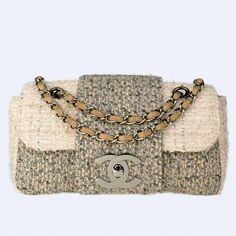 Chanel small cream and grey and multi color tweed with large CC logo and interlocking clasp 2004 {VINTAGE 19 Years} Antique silver hardware Interwoven chain Interior center pocket Interior brown lambskin lining on flap Interior brown nylon graffiti lining Strap Drop: Single 10” Double 9.5” 6”H x 10” W x 2.55” D Made in France Luxury Tweed Shoulder Bag, Elegant Beige Tweed Bags, Beige Classic Flap, Multicolor Knit, Classic Flap Bag, Cream Beige, Cc Logo, Classic Flap, Flap Bag