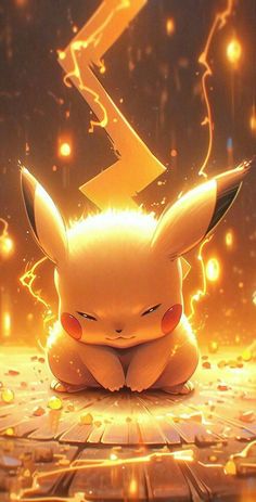 pikachu sitting on the floor in front of a lightning bolt with its eyes closed