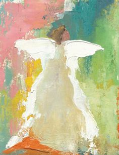 an abstract painting with white angel on it's chest and arms spread out, in front of a multicolored background