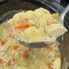 a spoon full of chicken noodle soup with carrots and celery