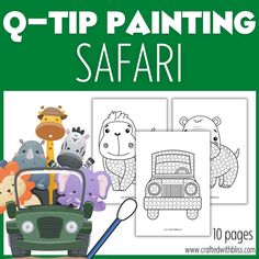 an animal safari coloring page with the words q - tip painting safari in front of it