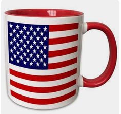 a blue and white coffee mug with the american flag on it's bottom half