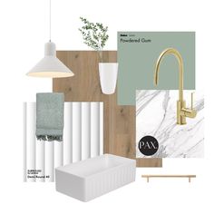 an interior design board with white and green accents, including a gold faucet