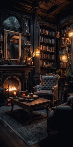 a living room filled with furniture and a fire place next to a bookshelf