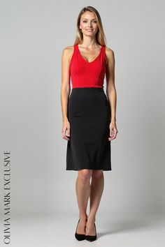 Olivia Mark - Elegant Contrast Midi Dress - Bold Red Top with Sophisticated Black Skirt Black Dress Elegant, Business Meeting, Red Top, Knee Length Skirt, Black Skirt, Olivia Mark, Black Fabric, Timeless Pieces, Pencil Skirt