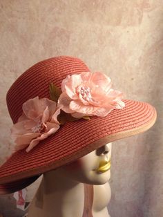 This is a beautiful fabric sunhat in a shade I would describe as a terra-cotta/mauve mix. Silk flowers with stamen centers. Tied into a bow with shabby chic crinkled ribbon. Gorgeous and unique - this is one of my favorites. Hat is comfortable and packable making it an excellent choice for a trip or vacation. Fits most women up to 22.75 inches head circumference. Girls Easter Hats, Tea Hat, Tea Hats, Vacation Fits, Easter Hats, Spring Hats, Girls Tea Party, Tea Party Hats, Wedding Hat