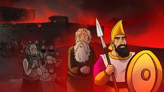 an animated image of two men holding spears and standing in front of a group of people