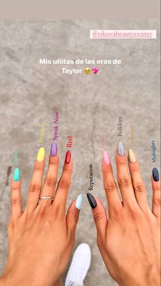 two hands with different colored nail polishes on their fingers and the words below them