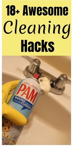 a close up of a can of cleaning hacks on a sink with text overlay that reads, 10 amazing cleaning hacks