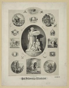 an old poster with pictures of people and things around it, including the virgin mary