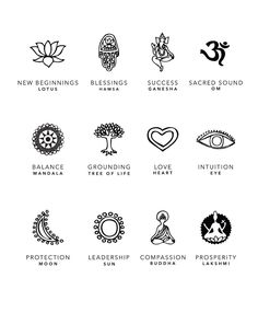 the seven chakras are shown in black and white, each with different symbols