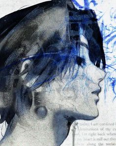 a drawing of a woman's profile with blue hair