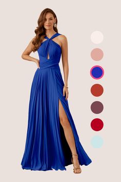 a woman in a long blue dress with slits on the side and color swatches