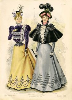 "Antique Printable Victorian Fashion Plate - \"Street Toilettes\". (Digital Download) This Victorian fashion plate features an illustration of two women dressed in beautiful fashions of the day. The lady on the left is wearing a dark purple blouse with poufy upper sleeves. Her blouse is decorated with white lace and finished with a white lace collar, white lace edging on the sleeves, as well as white lace edging on the lower scalloped edge. Her purple blouse is paired with a floor length yellow skirt. She is wearing cream-colored gloves, a black hat with yellow edging, with decorations of purple bows, black leaves with pink flowers and a black plume.   The lady on the right is wearing a short black cape, with a tall black collar, and a pink neck scarf under. The cape is decorated in white 1880 Beauty Dress, 1890s Fashion, Old Design, 19th Century Fashion, Yellow Skirt, Purple Blouse, Edwardian Fashion, Fashion Plates, Historical Clothing