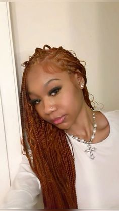 Hairstyles On Ginger Hair, Copper Brown Braids Black Women, Small Ginger Braids, Ginger Tribals With Knotless Braids, Ginger Braids Light Skin, Blue Boho Knotless Braids, Ginger Hair Color Braids, Small Knotless Color, Dyed Hair Braids