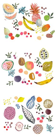 some fruit and vegetables are painted on white paper