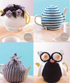 four knitted teapots with different designs on them