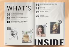 an open magazine with photos and information about what's inside the magazine on it