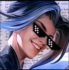 a woman with blue hair and black glasses has her face painted to look like she is smiling