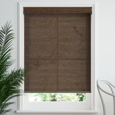 a window with blinds and a plant in front of it, next to a white chair