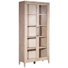 a wooden cabinet with glass doors on the front and bottom shelves in light wood finish