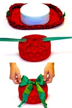 two images showing how to make a christmas present box with ribbon and bow on top