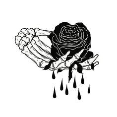 a black and white drawing of a hand holding a rose with drops of water on it