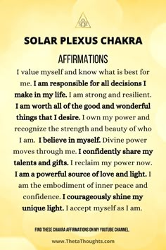 Affirmation For Energy, Manipura Chakra Affirmations, Solar Chakra Affirmations, Solar Plexus Chakra Meditation, Solar Plexus Meditation, Solar Plexus Chakra Healing Affirmations, Personal Power Affirmations, Leo Affirmations