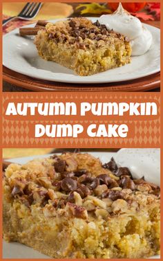 three different pumpkin desserts on plates with the words autumn pumpkin dump cake