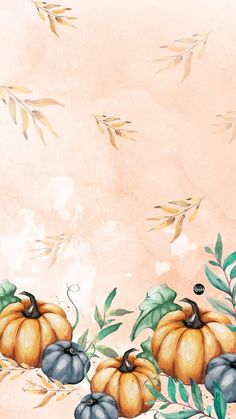 a painting of pumpkins and leaves on a pink background