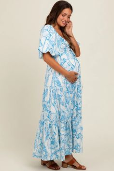 Blue Floral Cinched Tie Maternity Maxi Dress – PinkBlush Fitted V-neck Maternity Dress For Beach, Spring Beach Maternity Dress With Short Sleeves, Spring Maternity Dress For Beach With Short Sleeves, Spring Maternity Dress With Short Sleeves For Beach, Flowy Maternity Maxi Dress For Beach, Summer Beach Maternity Dress With Short Sleeves, Flowy Maxi Maternity Dress For The Beach, Flowy Maternity Beach Dress, Flowy Maxi-length Maternity Dress For Beach