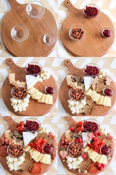 four pictures of different types of cheeses and crackers on wooden platters with wine glasses