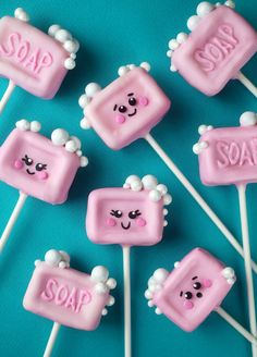 pink marshmallow pops with soap on them