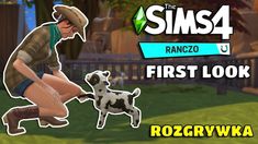 the sims4 rancho first look is shown with an image of a woman kneeling down next to a dog