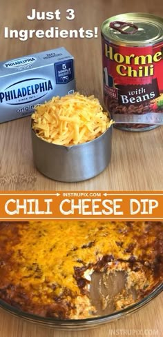 the ingredients for this chili cheese dip are in tins and ready to be eaten