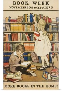 an advertisement for children's book week with two children reading in front of bookshelves