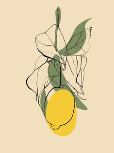 a drawing of a lemon and leaves on a light brown background with green stems in the foreground