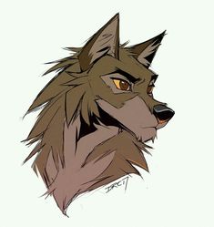 a drawing of a wolf's head with yellow eyes and brown fur on it