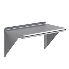 a metal shelf with two shelves on each side and an angled corner at the top