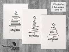 three christmas cards with the words merry and merry tree on them, in black ink