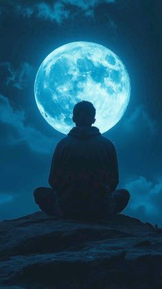 a man sitting on top of a rock in front of a blue moon filled sky