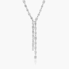 14K White Gold Cascading Lab-Created Diamond Lariat Necklace. Not for the faint of the heart This glorious lab-created diamond lariat necklace is a head-turner! A modern, asymmetrical necklace that features one side of emerald cut diamonds, while the other side has oval cut diamonds. Diamond Solitaire Necklace Long, Luxury Lariat Diamond Necklace For Formal Occasions, Lariat Necklace Diamond, Diamond Lariat Necklace, Asymmetrical Jewelry, Diamond Chains, Asymmetrical Necklace, Diamond Drop Necklace, Jewelry Photoshoot