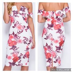 Bardot Off The Shoulder Dress Floral Print V Cut Front Midi Length Fabric Content 95% Polyester 5% Spandex Label Will Say Numerical Size= Size 2= Xs Size 4= S Size 6= M Size 8= L Size 10=Xl White Floral Print Stretch Midi Dress, White Off-shoulder Midi Dress With Floral Print, Brown Boho Dress, Off The Shoulder Midi Dress, Zebra Print Dress, Athleta Dress, Floral Cotton Dress, Fitted Midi Dress, Tunic Pattern