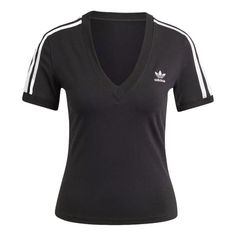 (WMNS) adidas 3-Stripes V Neck Slim T-shirt Asia Sizing 'Black ' IU2416 Adidas Three Stripes T-shirt For Spring, Adidas Crew Neck T-shirt With Side Stripes, Adidas Crew Neck T-shirt With Contrast Stripes, Adidas Contrast Stripes Crew Neck T-shirt, Adidas Relaxed Fit Athleisure Top, Athleisure Short Sleeve T-shirt With Three Stripes, Athleisure V-neck Tops For Streetwear, Athleisure V-neck Streetwear Tops, V-neck Athleisure Tops For Streetwear