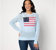 Joan Rivers American Flag Cotton Sweater - QVC.com Spring Americana Long Sleeve Tops, Spring Flag Print Long Sleeve Tops, Spring Long Sleeve Tops With Flag Print, Long Sleeve Tops With Flag Print For Spring, Americana Long Sleeve Sweater For Fall, American Flag Print Long Sleeve Top For Spring, Long Sleeve Americana Sweater For Fall, Fall Americana Long Sleeve Sweater, Fall Flag Print Long Sleeve Sweater