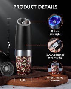 the product details are shown in this graphic above it is an image of a pepper grinder, salt and pepper shaker