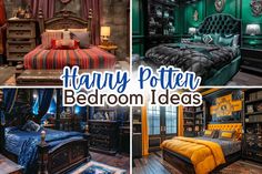 harry potter bedroom decor ideas with pictures of the bed, dressers and bookshelves