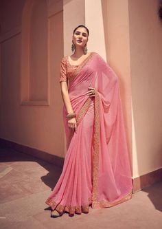 Pink Saree in Georgette with Stitched Blouse For Girls and Women Sari Embroidery Border, Gaun Fashion, Simple Sarees, Indian Bridal Wear, Wedding Saree Indian, Indian Lehenga, Elegant Saree, Saree Shopping, Dress Indian Style